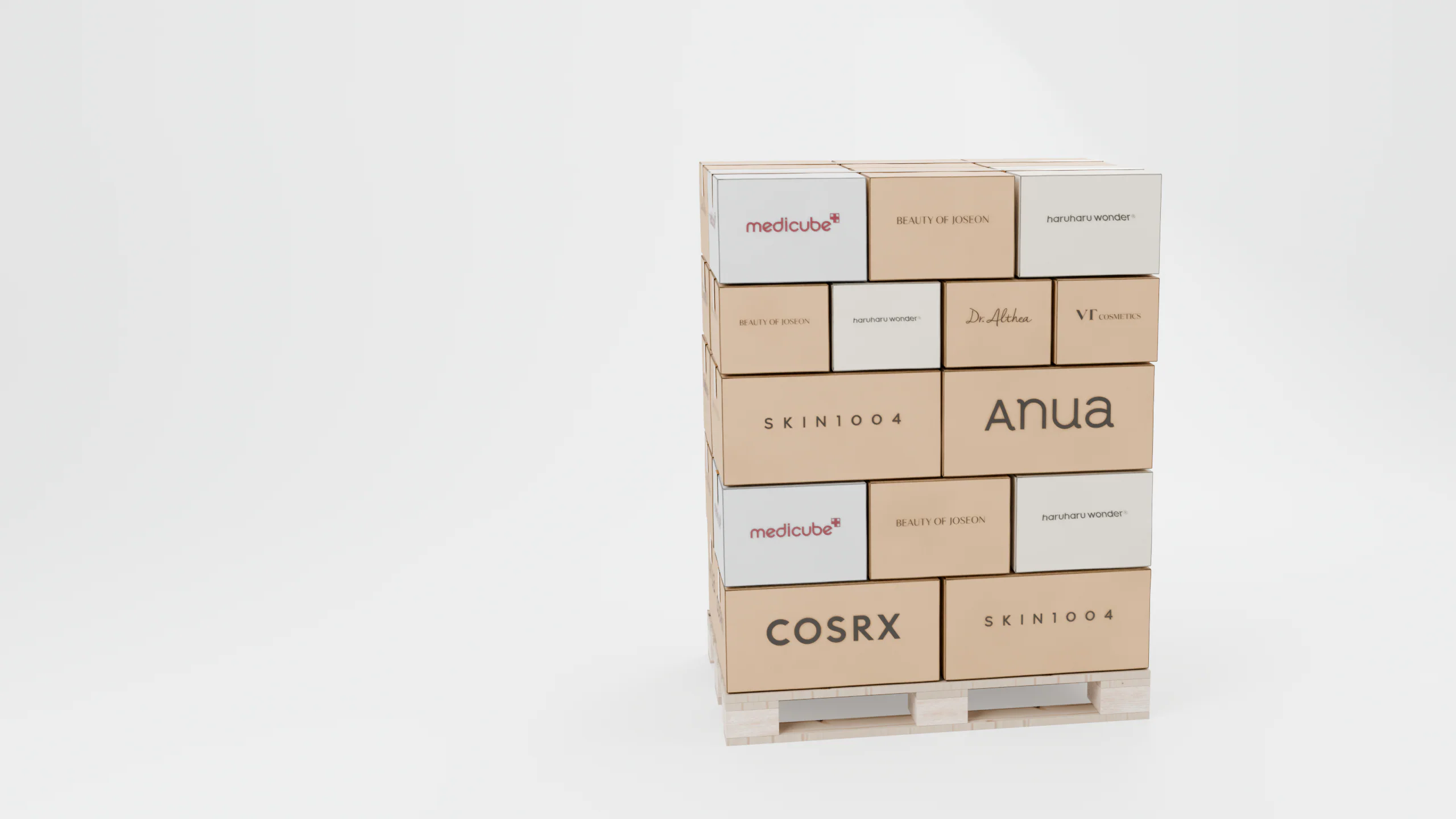 Euro pallet loaded with cartons of mixed Korean beauty brands and a TIC pallet label (rendered illustration)
